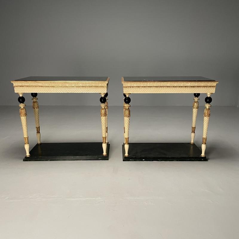 Pair of Swedish Neoclassical Maison Jansen Marble-Top Console Tables, French - 3