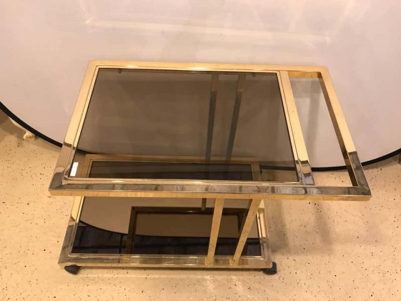 Italian Brass and Smoked Glass Bar / Serving Cart On Rolling Casters Two Tie - 2
