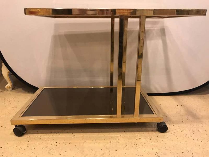 Italian Brass and Smoked Glass Bar / Serving Cart On Rolling Casters Two Tie - 5