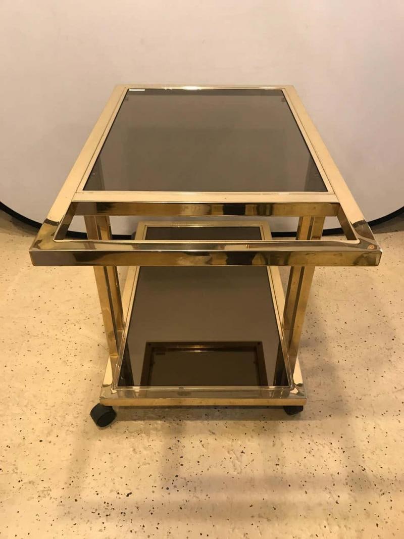 Italian Brass and Smoked Glass Bar / Serving Cart On Rolling Casters Two Tie - 9