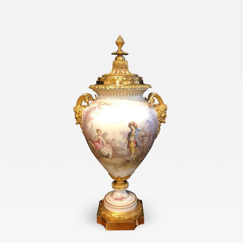 French Serves Painted Rams Head Bronze Mounted Lidded Vase, Centerpiece or Urn (1 of 12)