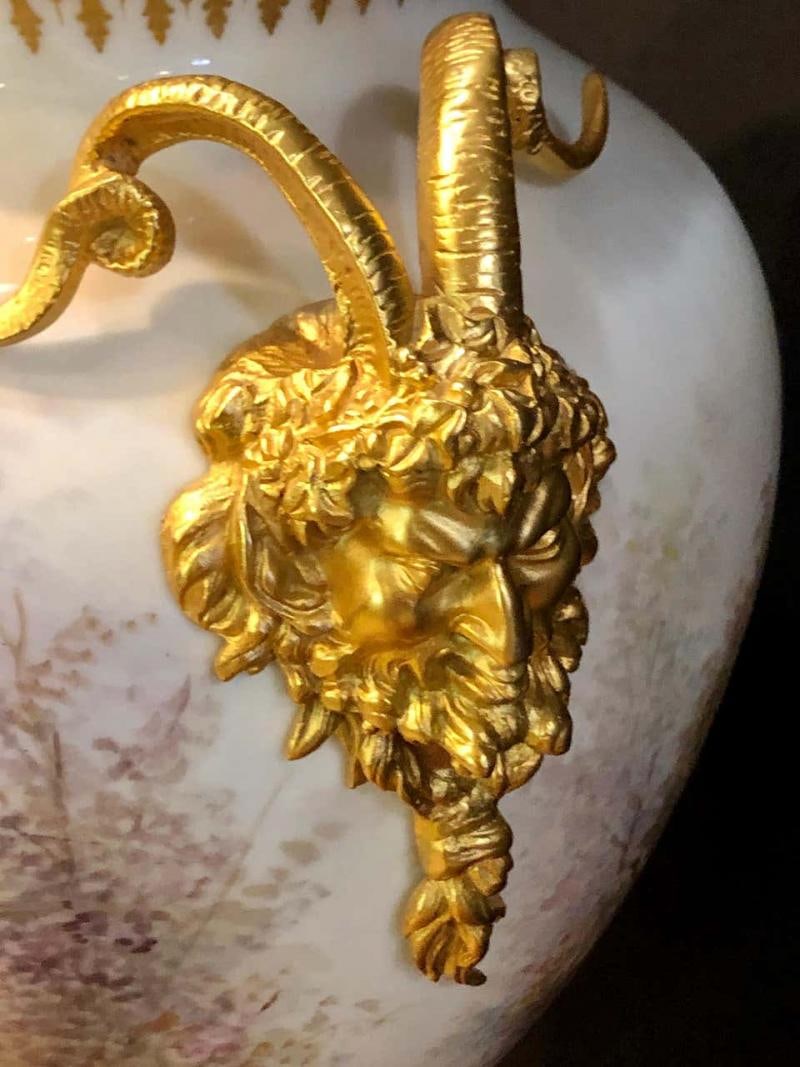 French Serves Painted Rams Head Bronze Mounted Lidded Vase, Centerpiece or Urn - 3