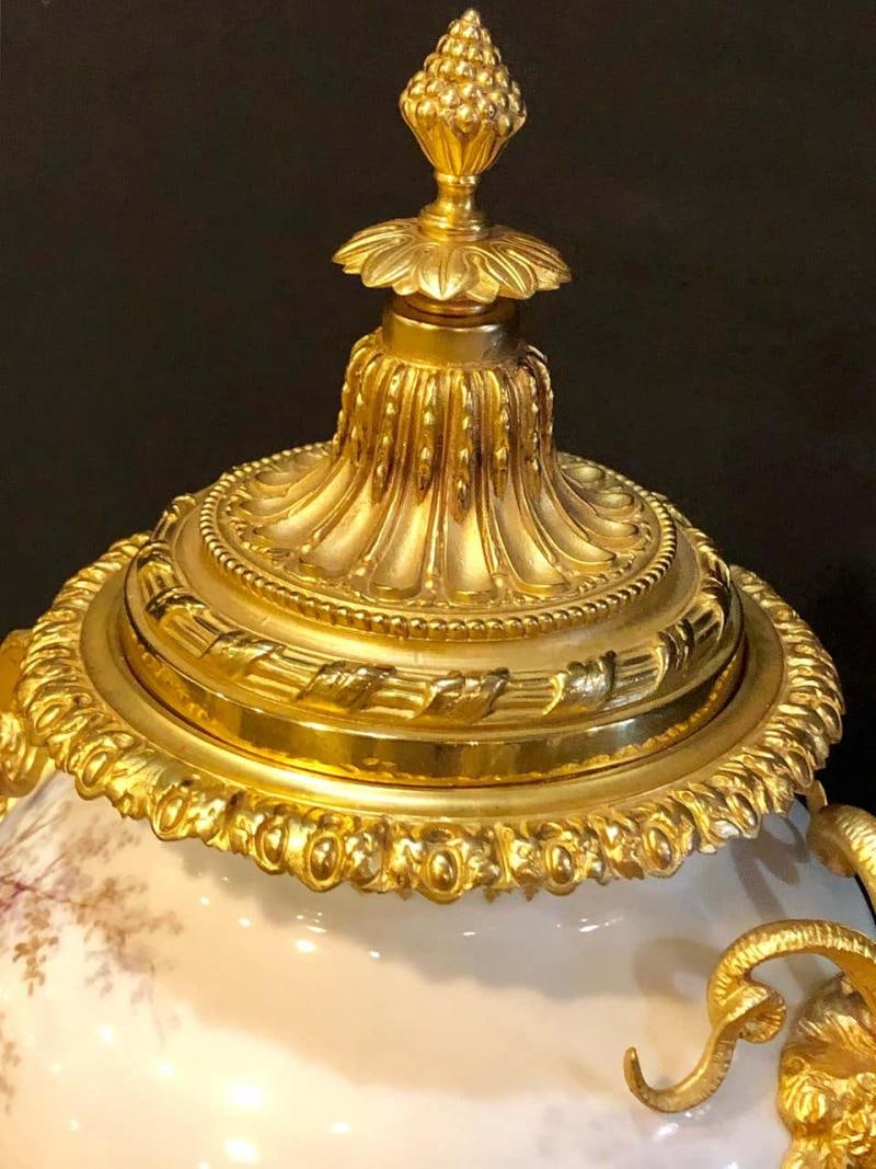 French Serves Painted Rams Head Bronze Mounted Lidded Vase, Centerpiece or Urn - 4