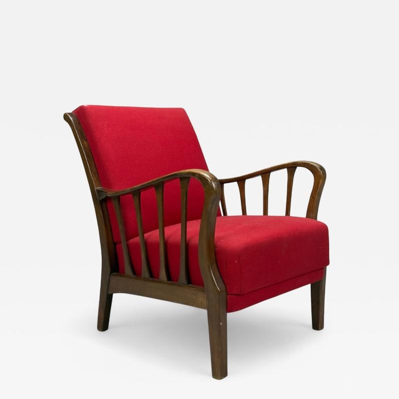 Josef Frank Attribution, Red Fabric, Wood, Lounge Chair, Denmark, 1950s - 2