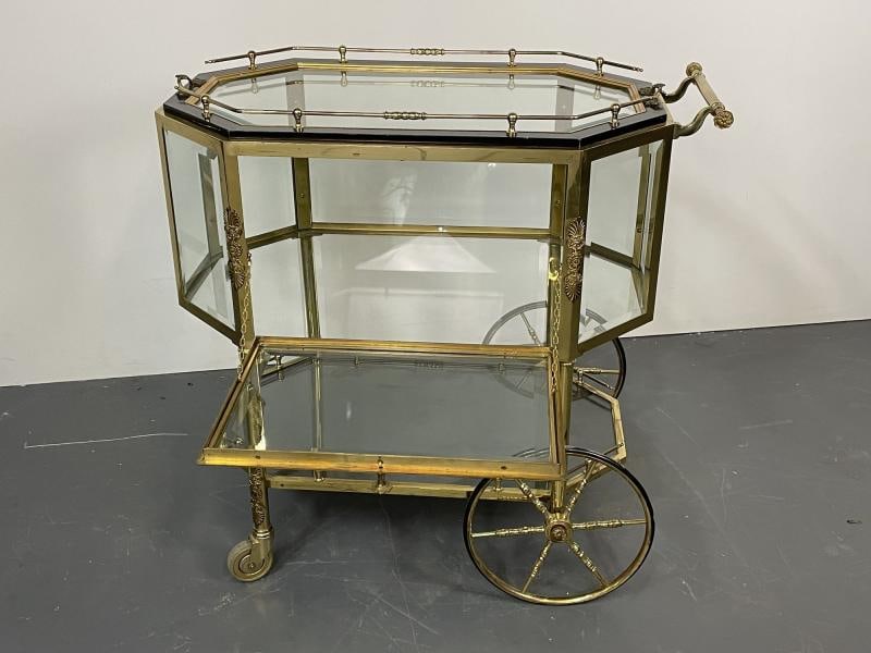Hollywood Regency Beveled Glass, Bronze and Brass Tea Wagon or Serving Cart - 2