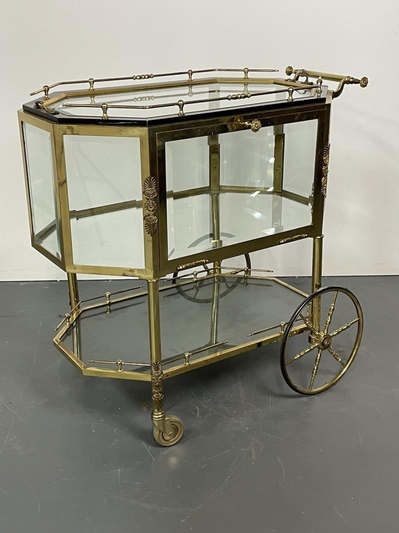 Hollywood Regency Beveled Glass, Bronze and Brass Tea Wagon or Serving Cart - 4