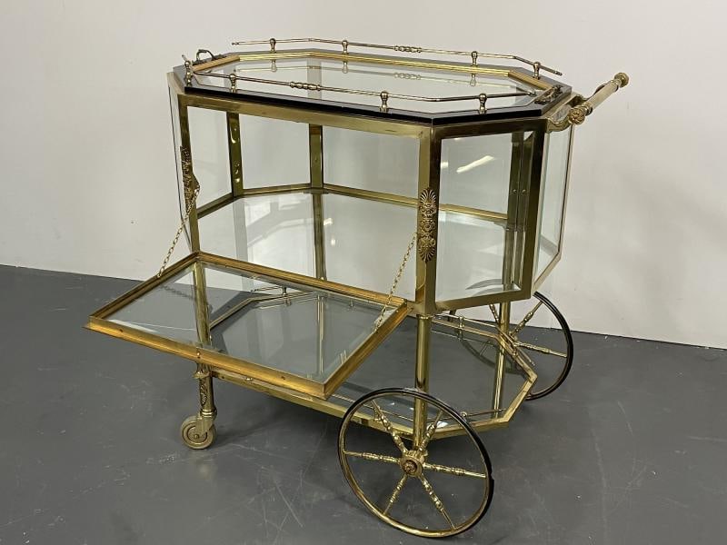 Hollywood Regency Beveled Glass, Bronze and Brass Tea Wagon or Serving Cart - 7