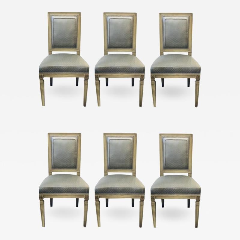 Set of Six Jansen Style Dining, Side Chairs, Faux Linen Painted, New Upholstery - 2