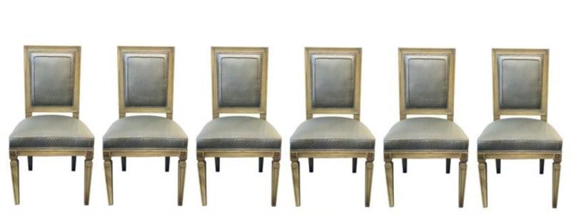 Set of Six Jansen Style Dining, Side Chairs, Faux Linen Painted, New Upholstery - 3