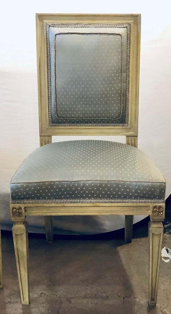 Set of Six Jansen Style Dining, Side Chairs, Faux Linen Painted, New Upholstery - 4