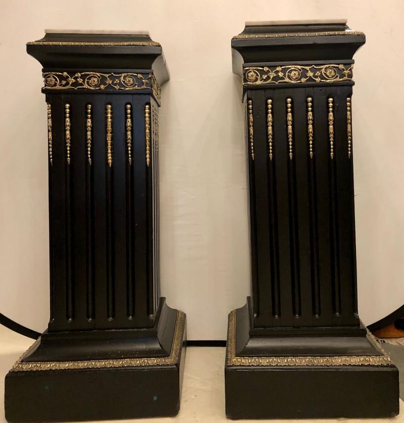 Hollywood Regency Neoclassical Ebony Pedestals, Bronze Mounted Marble Tops, Pair - 2