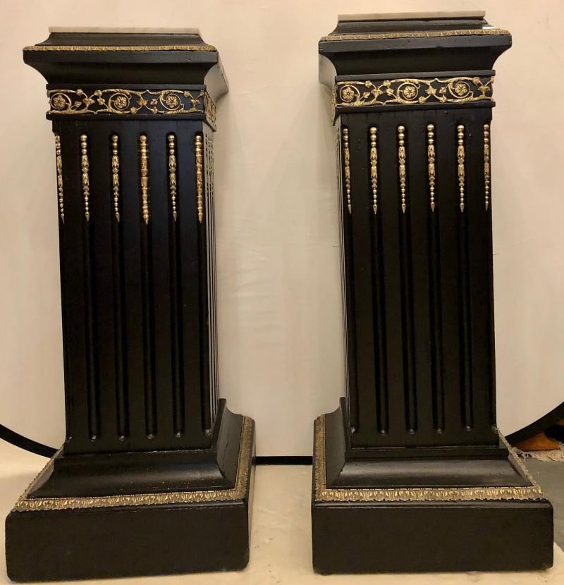Hollywood Regency Neoclassical Ebony Pedestals, Bronze Mounted Marble Tops, Pair - 3