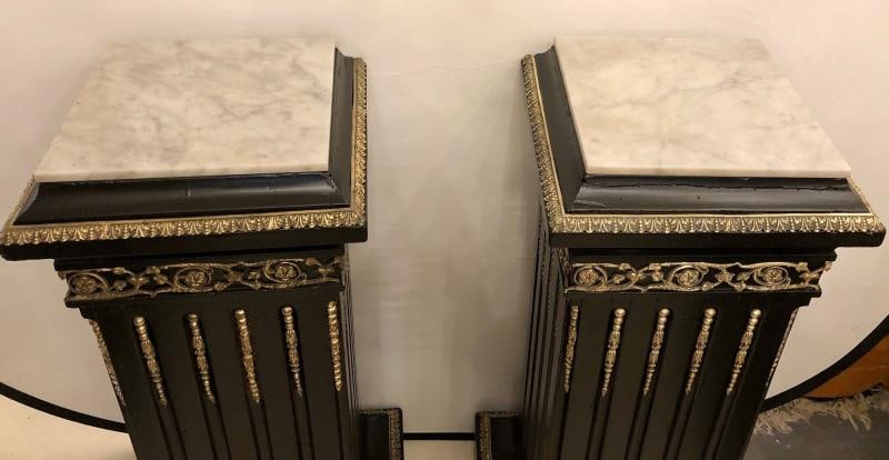 Hollywood Regency Neoclassical Ebony Pedestals, Bronze Mounted Marble Tops, Pair - 4