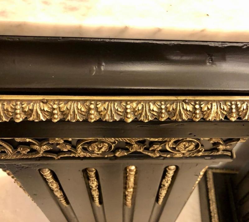 Hollywood Regency Neoclassical Ebony Pedestals, Bronze Mounted Marble Tops, Pair - 6
