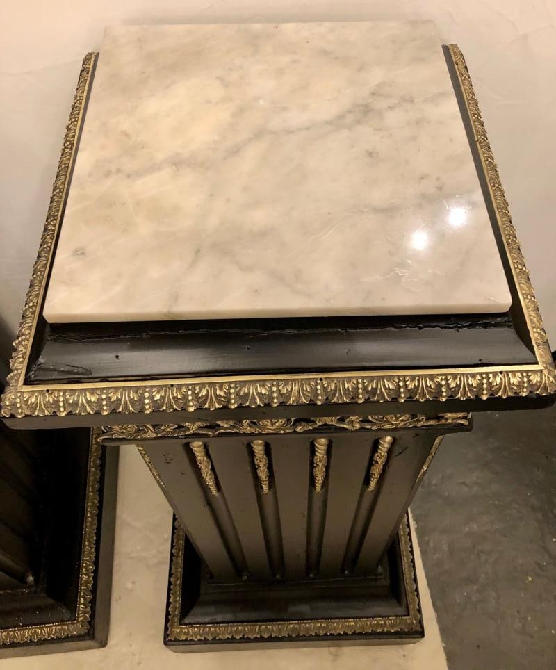 Hollywood Regency Neoclassical Ebony Pedestals, Bronze Mounted Marble Tops, Pair - 7