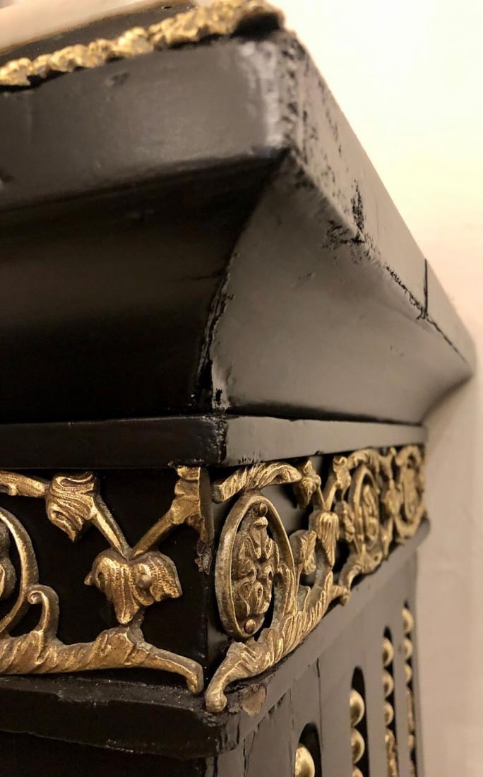 Hollywood Regency Neoclassical Ebony Pedestals, Bronze Mounted Marble Tops, Pair - 8