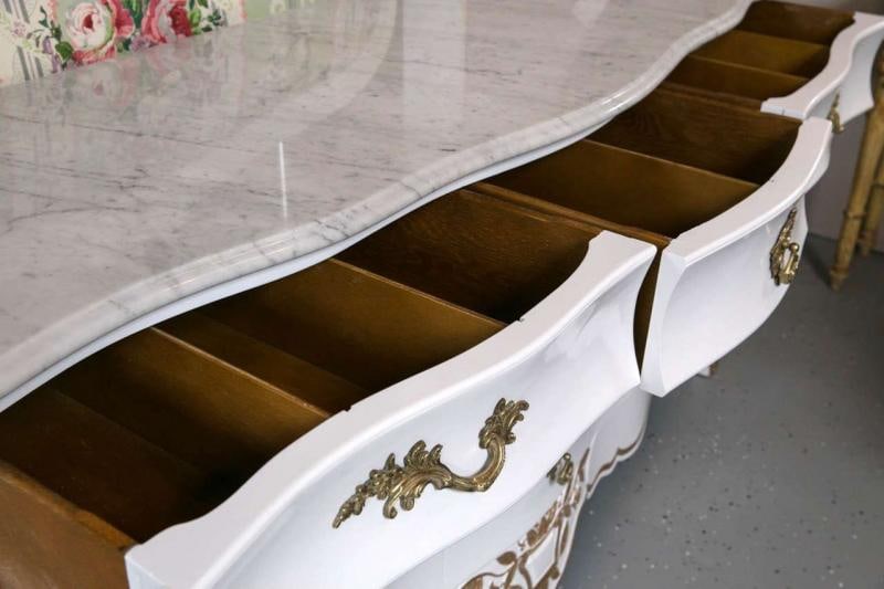 White and Gilt Gold Decorated Louis XV Style Bombe Dresser Carrara Marble Top - 7