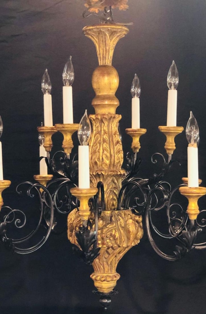 Twelve Light Italian Parcel-Gilt Decorated Chandelier with Canopy - 7