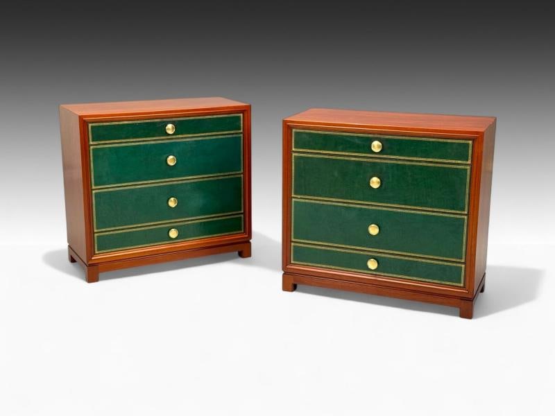 Tommi Parzinger, Wood, Brass, Green Leather, Chests of Drawers, USA, 1950s - 2