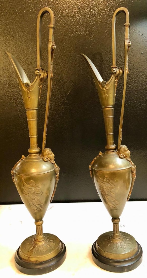 Pair of Classical Figural Bronze Neoclassical Ewers, 19th Century - 2