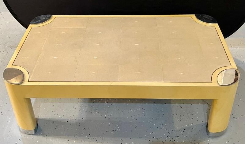 Ron Seff Oval Leg Cocktail Table in Lacquered Parchment Framing a Shagreen Top - 2