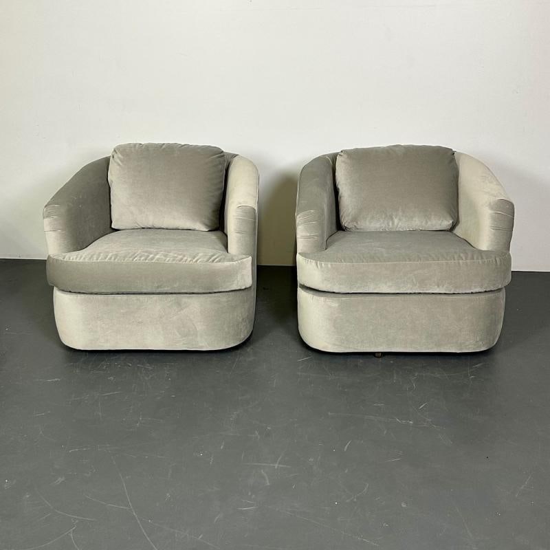 Pair of Velvet Mid-Century Modern Milo Baughman Style Swivel / Lounge Chairs - 3