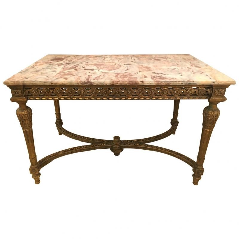 Center Table or Console Louis XVI Jansen Style Stunning Marble Top Gilt Base - 4