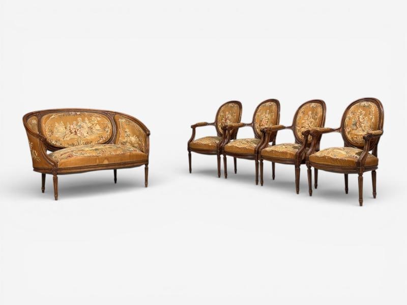 Louis XVI Style, Salon Suite, Tapestry, Walnut, France, 20th c. - 2