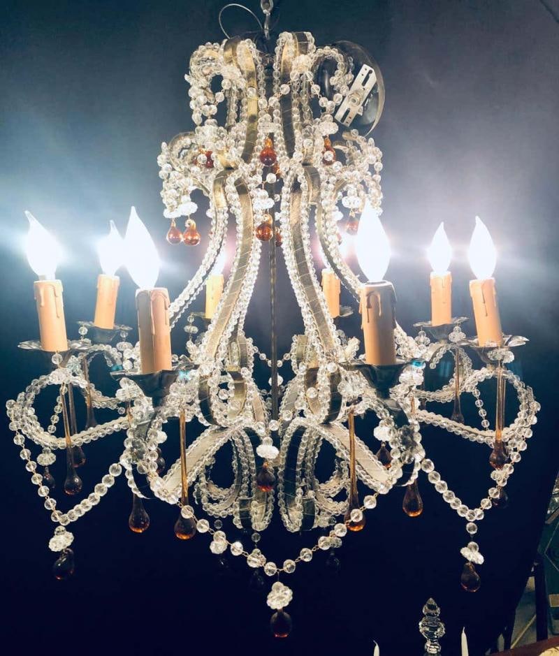 Eight Light Beaded Chandelier with Colored Tear Drop Prisms, circa 1960 - 3