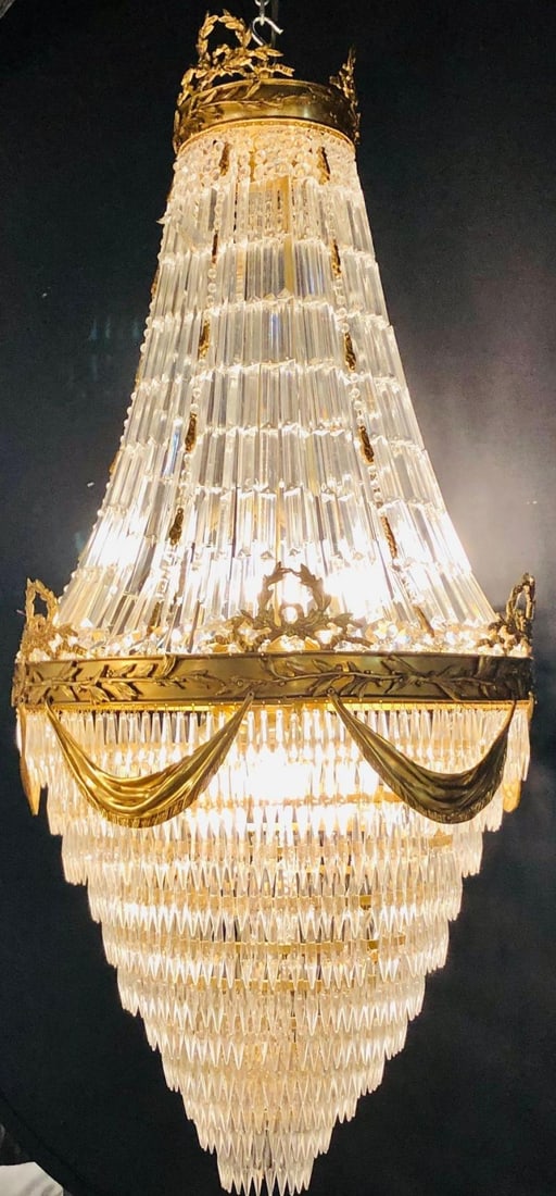 Pair of Palatial Bronze and Crystal Swag Design Louis XVI Style Chandeliers - 2