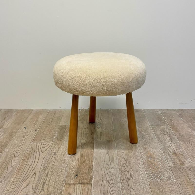 Swedish Modern Style, Beige Sheepskin, Stained Wood, Ottoman or Footstool - 2