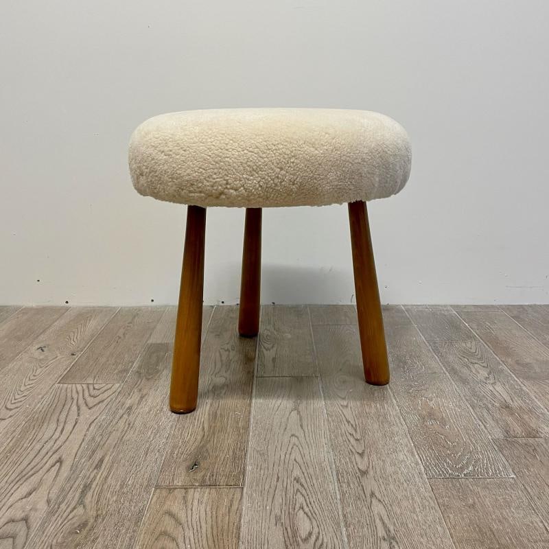 Swedish Modern Style, Beige Sheepskin, Stained Wood, Ottoman or Footstool - 3