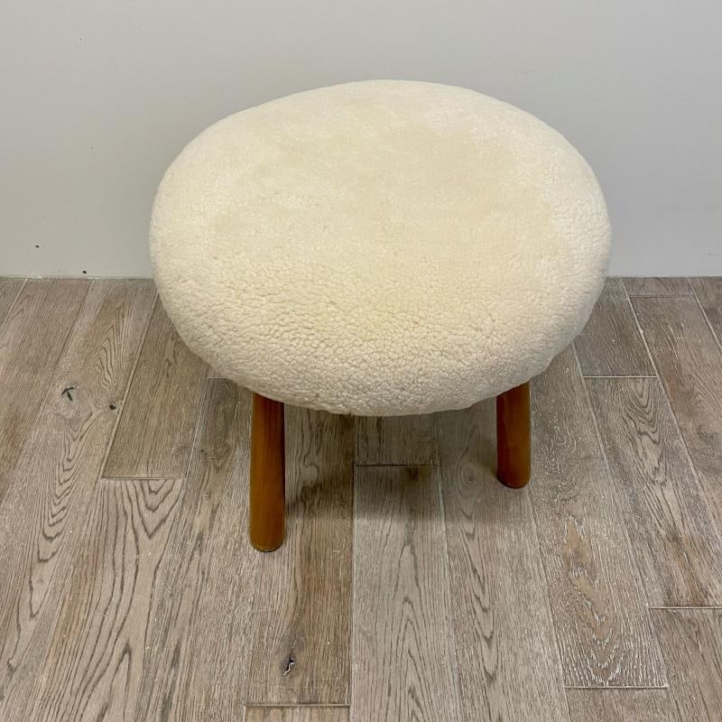 Swedish Modern Style, Beige Sheepskin, Stained Wood, Ottoman or Footstool - 4