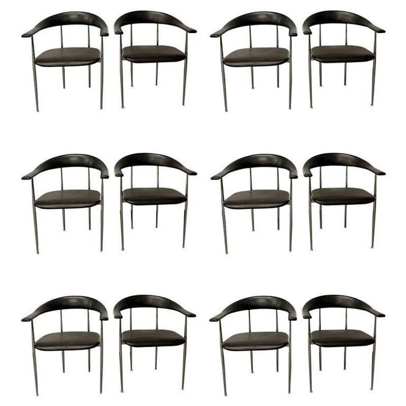 Set of Four Black & Chrome Italian Dining, Arm, Side Chairs, 1970s - 2