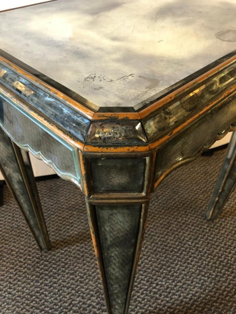 Hollywood Regency Distressed Beveled Mirror Single Draw End, Side Table or Desk - 8