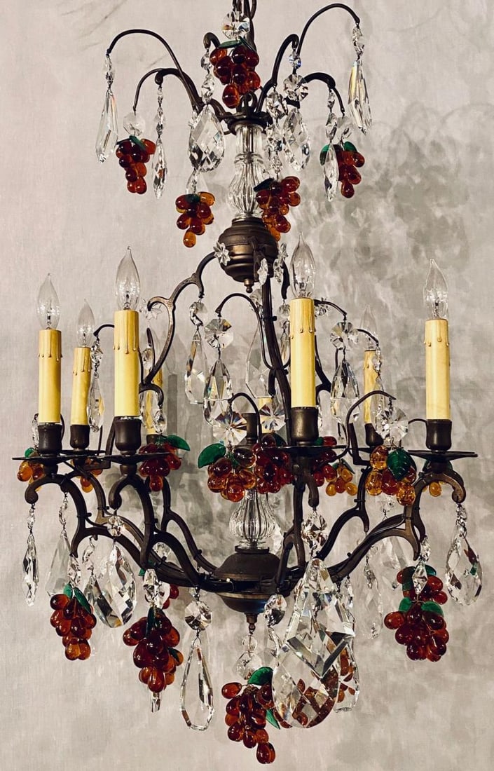 French Bronze Patina 9-Light Chandelier Cut Crystal & Glass Fruit Decorations - 2