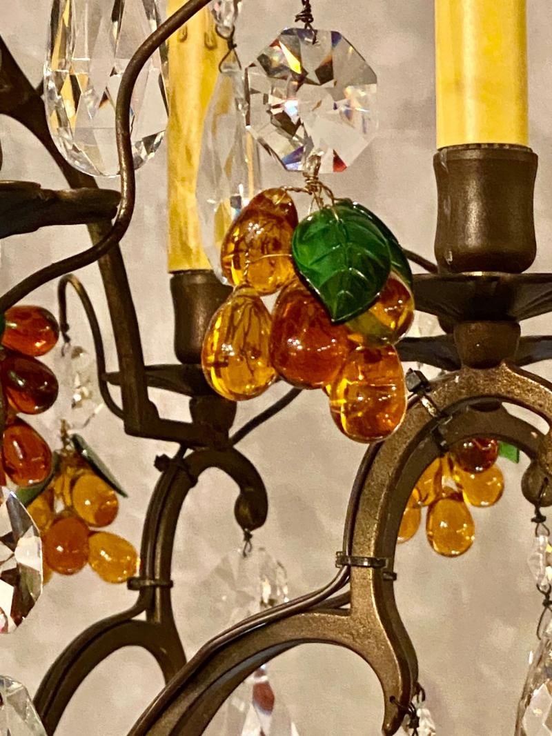 French Bronze Patina 9-Light Chandelier Cut Crystal & Glass Fruit Decorations - 4