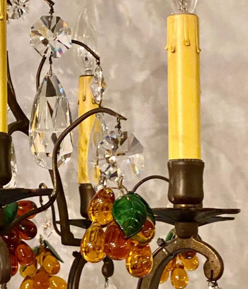 French Bronze Patina 9-Light Chandelier Cut Crystal & Glass Fruit Decorations - 5
