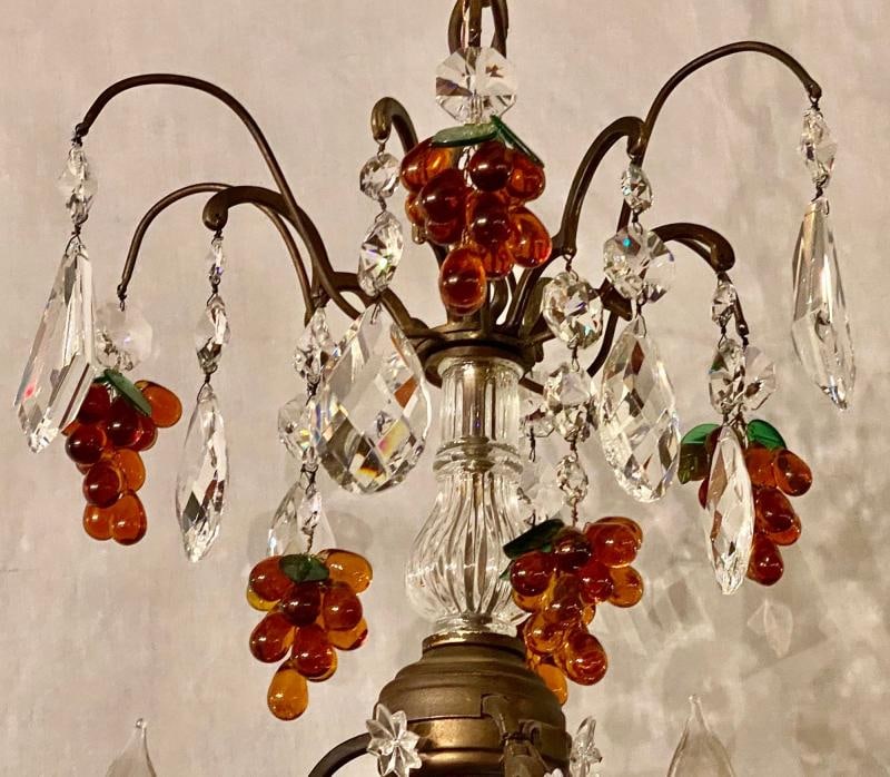 French Bronze Patina 9-Light Chandelier Cut Crystal & Glass Fruit Decorations - 6