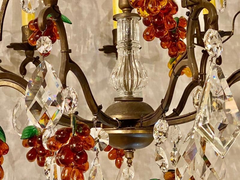 French Bronze Patina 9-Light Chandelier Cut Crystal & Glass Fruit Decorations - 9