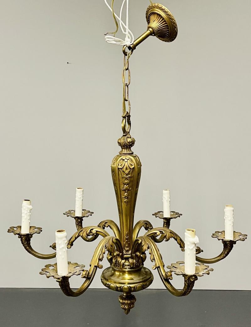 French Solid Bronze Six Light Chandelier, Canopy, Chain, Estate item - 2