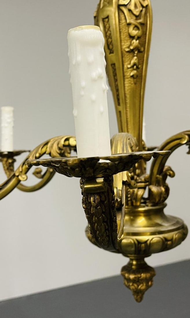 French Solid Bronze Six Light Chandelier, Canopy, Chain, Estate item - 7