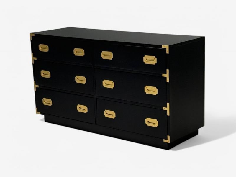 Hollywood Regency, Satin Black Wood, Brass, Campaign Dresser USA, 1970s - 4