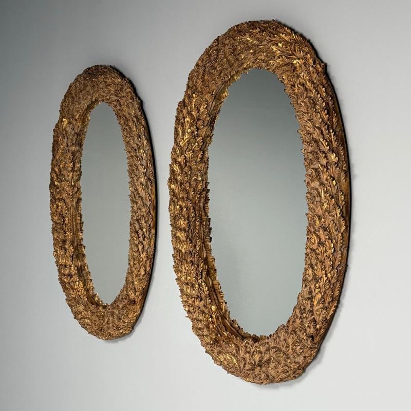 Hollywood Regency, Large Oval Wall Mirrors, Carved Giltwood, Leaf Motif, 21st C. - 3