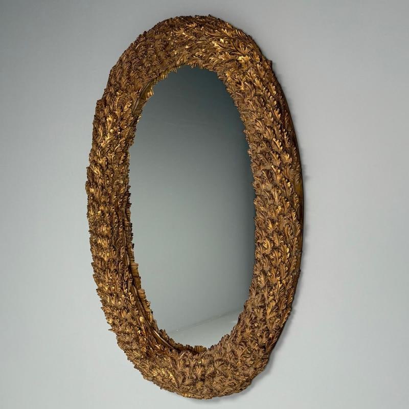 Hollywood Regency, Large Oval Wall Mirrors, Carved Giltwood, Leaf Motif, 21st C. - 5