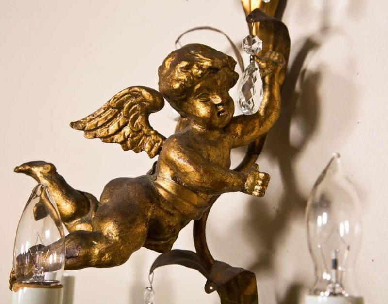 French Marie Therese Style Gilt-Brass Three-Light Wall Sconces Cherub Figures - 2