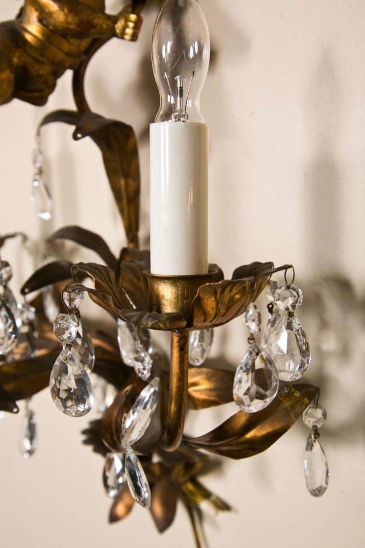 French Marie Therese Style Gilt-Brass Three-Light Wall Sconces Cherub Figures - 3
