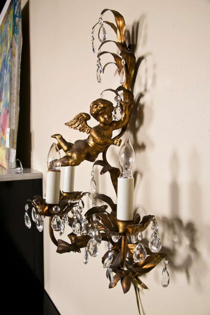French Marie Therese Style Gilt-Brass Three-Light Wall Sconces Cherub Figures - 4