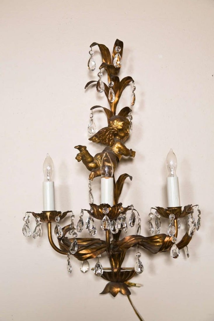French Marie Therese Style Gilt-Brass Three-Light Wall Sconces Cherub Figures - 7