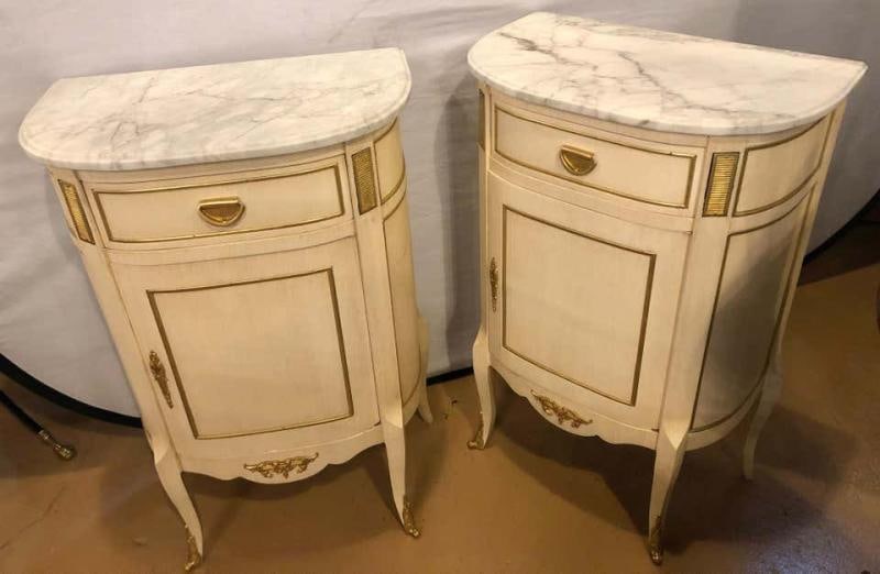 Louis XV Style Demilune Painted & Bronze Mounted End Tables or Nightstands, Pair - 3